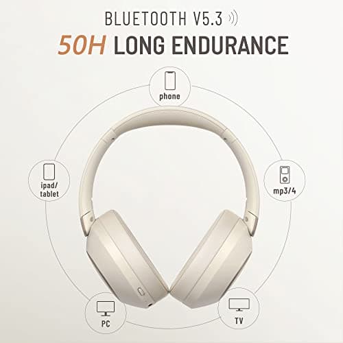 LORELEI B-C6 Wireless Over-Ear Headphones, 50H Playtime Foldable Lightweight Bluetooth Headsets, Deep Bass, Built-in Microphone, Memory Foam Earmuffs for Travel, Office (Beige White) — view 3