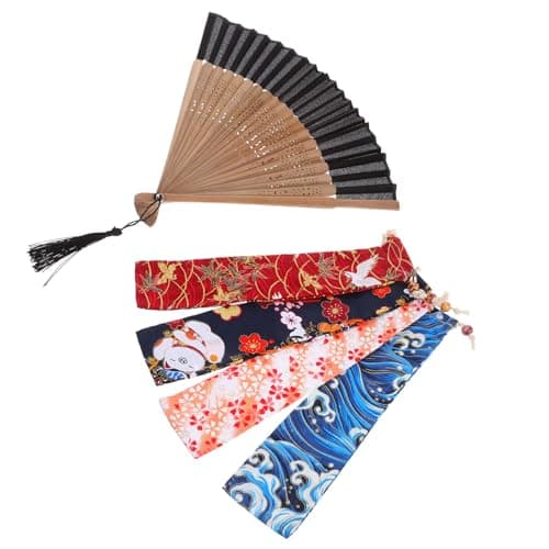 DRAFIDEEP Hand Fan Bag Case 4Pcs Japanese Style Drawstring Closure Lightweight Polyester Cotton for Personal Desk Fan and Travel — view 4