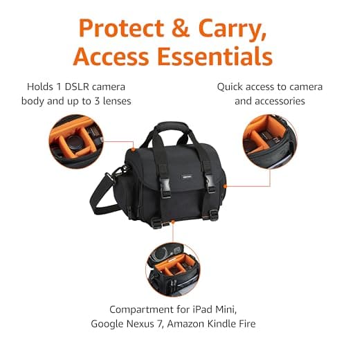 Amazon Basics Shoulder Bag for SLR Camera and Accessories, Large, Adjustable Strap, Waterproof, Shockproof, Solid, Padded - Black/Orange — view 2