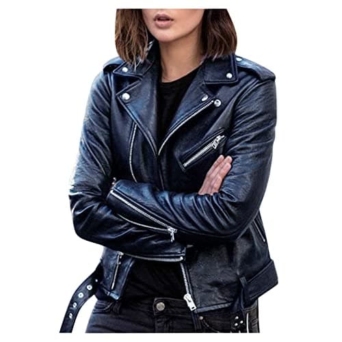 Mrat Jacket for Women Uk Faux Leather Zip Up Motorcycle Jackets PU Moto Bomber Biker Jacket Outwear Slim Fitted Coat Long Sleeve Lapel Collar Coats Casual Plus Size Pocket Trendy Streetwear