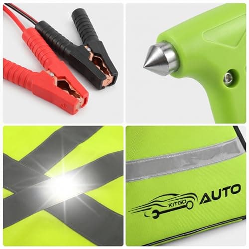 Car Emergency Kit for New Drivers | Essential Roadside Tools with Jump Leads, Tow Rope, Safety Hammer, Warning Triangle & Mini First Aid Kit (Bright Green) — view 5