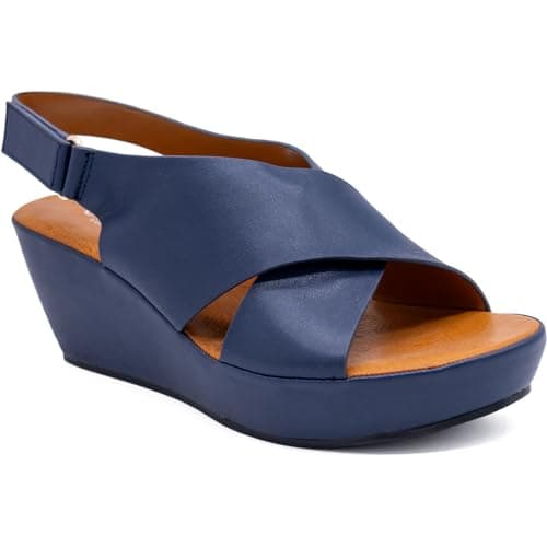 CIARA LONDON Ladies Slip On Mid Heel Wedge Casual Summer Sandals, Hook & Loop, Slingback, Open Toe, Navy UK 7