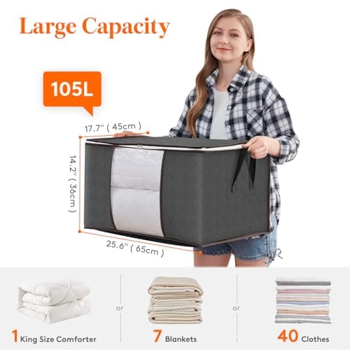 Lifewit 105L Clothes Storage Bags Large Storage Box With Lid Packing Boxes for Moving House With Reinforced Handle Thick Fabric Clear Window for Clothes Duvet Blankets Bedding, 3 Pack, Grey — view 2