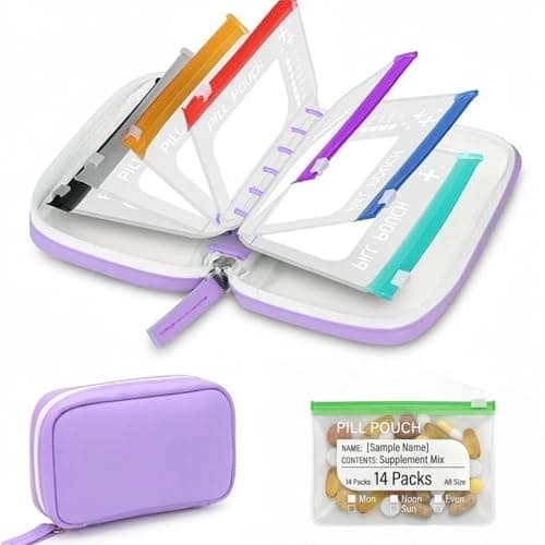 maykawe A8 Waterproof Pill Organiser,14 Color-Coded Pouches 7-14 Day Binder Style,Portable Zippered Storage for Travel & Daily Vitamins