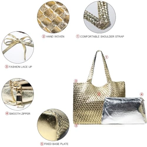 JINMANXUE Woven Tote Bag for Women, Large Summer Beach Travel Handbag and Purse Retro Handmade Shoulder Bags, Champagne Gold, One Size — view 6