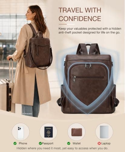 VX VONXURY Anti-Theft Backpack for Women Fashion PU Leather Backpack Purse With Detachable Shoulder Strap Vintage Handbag for Daily Work Travel — view 3