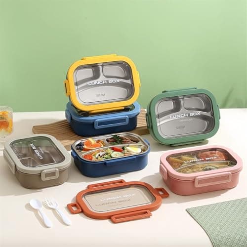 HEIBTENY Stainless Steel Lunch Box 3 Compartment Leakproof Container for Adults Kids School Work Office Picnic Travel Blue Yellow 23.7cm(Blue) — view 4