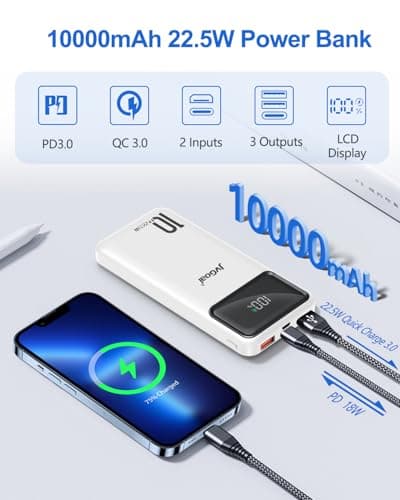 JVGoal Power Bank Fast Charging 10000mAh, 22.5W Portable Charger PD3.0 QC4.0 USB C Input & Output, Phone Battery Pack Compatible with iPhone 16 15 Plus Pro Max, iPad, Samsung, Tablet and More (White) — view 2