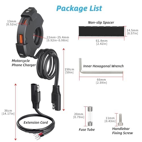 Kriogor Motorcycle USB Charger with QC 3.0 18W & 30W Type-C Port IP65 Waterproof Dustproof DC12-24V Auto Power-Off Motorbike SAE to 12V Adapter for Phone Navigator GPS — view 5
