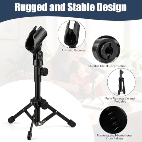 4 Pack Desk Mic Stand, Portable Foldable Tripod Microphone Stand with Mic Clip Holder, Adjustable Tabletop Stand for Blue Yeti, Snowball, Shure SM58, Dynamic & Condenser Microphones ﻿ — view 3