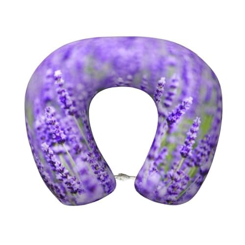 AUGUSTRUSH Memory Foam Neck Pillow - Travel Pillow With Adjustable Clasp, Removable Washable Cover For Airplane Office Car, Ergonomic Support Comfortable U-Shaped Pillow, Purple Lavender Print