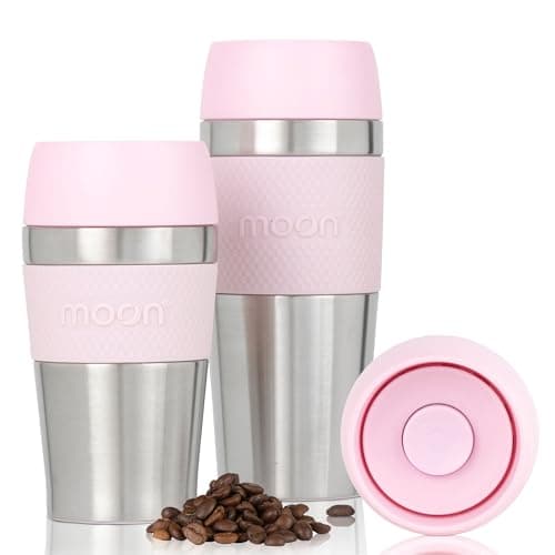 Moon 360° Travel Mugs - Leakproof Reusable Coffee Cup for Hot Drinks - Insulated Stainless Steel Thermal Mug, Fits Car Cup Holders (300ml, Recycled Metal/Pink)