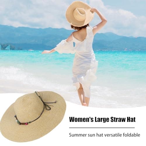 Women Foldable Floppy Wide Brim Straw Sun Hat Travel Packable, Summer Sun Hat Sunscreen Seaside Wild Beach Hat Travel Accessories Hat UV UPF 50+ (Beige) — view 3