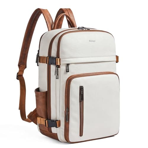 tiamyi Leather Backpack for Women and Men, Fits 17 Inch Laptop, Stylish Lay-Flat Carry-on Vegan Leather Rucksack with Luggage Strap for Daily Use, Laptop Backpack
