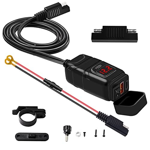 Kriogor Motorcycle Car Charger with QC 3.0 USB Socket and Type-C Port, IP65 Waterproof Dustproof Motorbike USB Adapter with 6-30V LED Voltmeter and On/Off Switch for 12V Boat Marine SUV (Red) — view 6