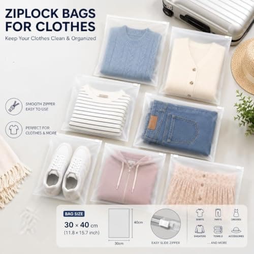 Reusable Ziplock Storage Bags for Travel, Waterproof Zip Organiser Bags for Clothes, Shoes, Cosmetics, Frosted Packing Pouches for Baby Essentials, 30pcs 30x40cm — view 6