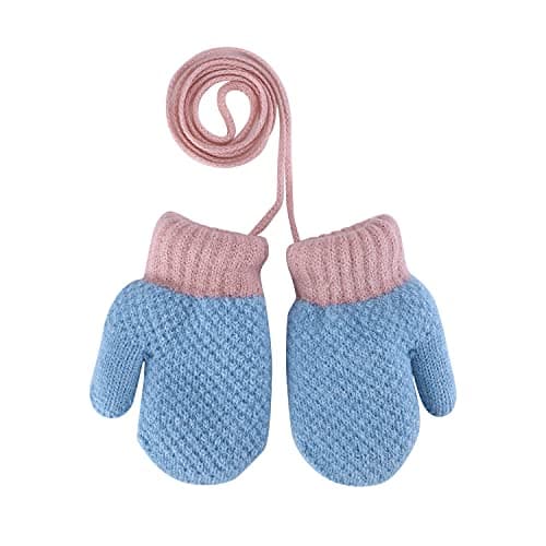 Kids Toddlers Thermal Gloves Mittens Winter Warm Thick Knitted Gloves with String Fluffy Full Finger Mittens Baby Fleece Lined Gloves Hanging Neck Mittens with Anti-Lost String for Boys Girls Age 1-4