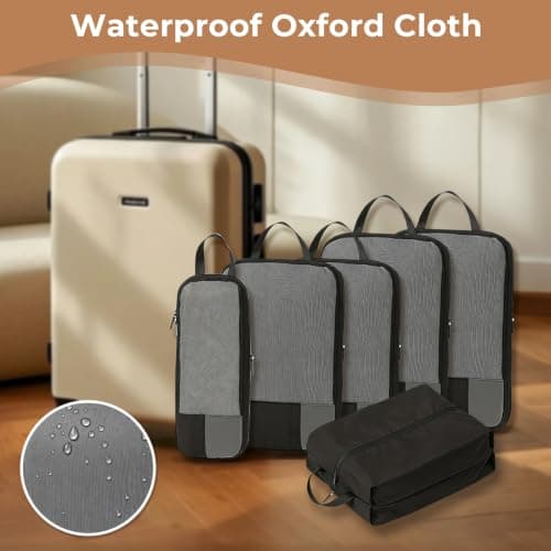 6 Set Compression Packing Cubes for Suitcases Backpack,Waterproof Travel Suitcase Packing Storage Clothes Shoes Bags with Dual-Zipper Expandable for Travel Accessories and Essentials,Black — view 6