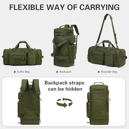 Tonruyn Tactical Duffle Bag Backpack for Men 40-45L Expandable Military Travel Duffel & Sports Holdall Gym Bag with Shoe Compartment Wet Pocket Medium Weekender Overnight for Camping Luggage, Green — view 2