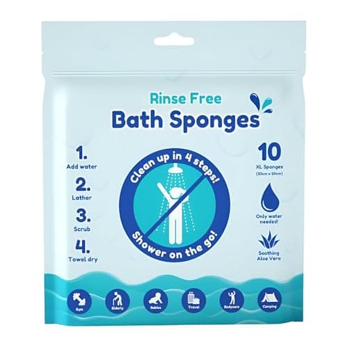 10pk Rinse Free Bath Sponges, 20x20cm Bath Wipes for Travel, Gym, Camping, Elderly, Babies, Single Use Shampoo Shower, Soothing Aloe Vera, Only Water Needed