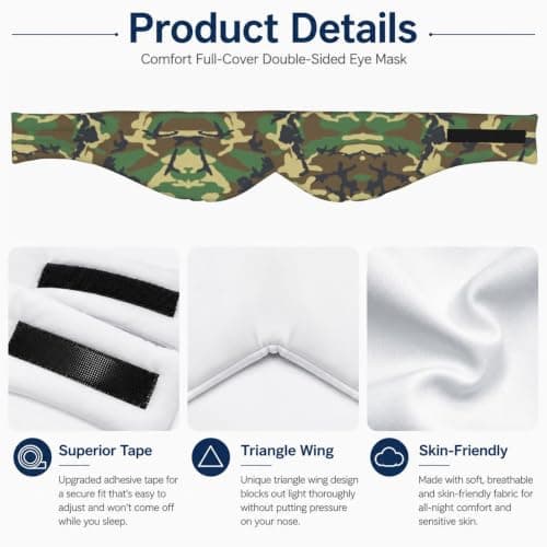 Green Military Camo Print Sleep Mask Wide Wraparound Reversible Light Blocking Travel Fit — view 4