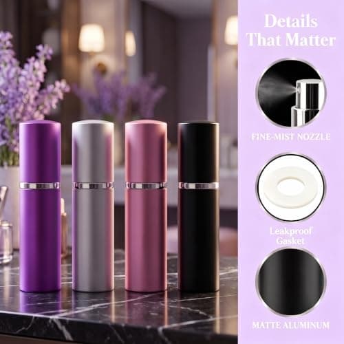rietegio 10ML Perfume Atomiser 4Pcs Refillable Travel Spray Bottle Portable Empty Perfume Dispenser Mini Atomizer for Purse, Handbag, Pocket and Luggage (Black Silver Pink Purple) — view 3