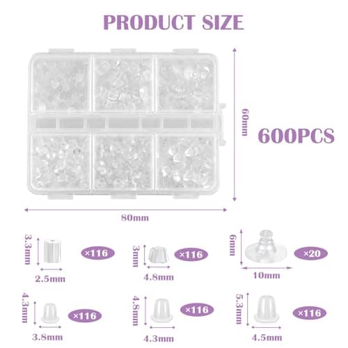 600Pcs Silicone Earring Backs, 6 Styles Soft Clear Earring Backs for Studs Hooks Heavy Earrings Hypoallergenic Secure Fit Rubber for Droopy Ears and Daily Use — view 2
