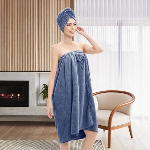 Women's Bath Towel Wrap with Hair Towel, Adjustable Soft Microfiber – Blue — view 6