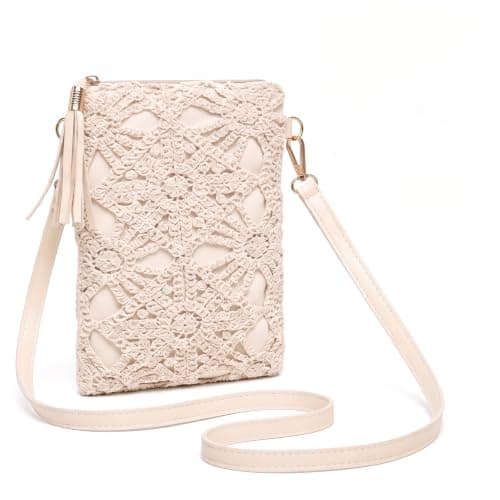 Crossbody Bag, Crochet Phone Bag White Leather Small Woven Shoulder Purse Flowers Bohemian Handbag with Adjustable Strap for Wedding Evening Summer Beach Travel Party 14 × 9 × 3cm (Off White)
