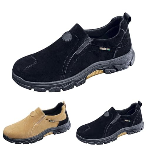 Walking Shoes Wide Fit Trainers for Men Slip-On Waterproof Walking Shoe Outdoor Suede Upper Hiking Trainers Fashion Low-Top Sneaker with Orthopedic Arch Support for Fitness Jogging Black — view 4