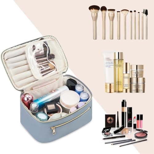 Travel Makeup Bag, Large PU Leather Cosmetic Case with Brush Compartment, Greyish Blue — view 6