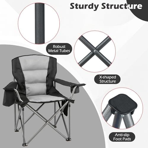 COSTWAY 180kg Oversized Camping Chair, Portable Folding Chair with Carrying Bag, Zippered Cooler Pouch, Cup Holder and Side Storage Pocket, Outdoor Padded Lawn Chair for Fishing & Picnics (Grey+Black) — view 5
