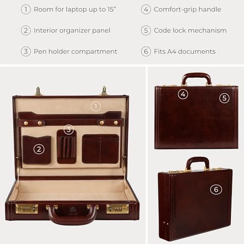 Time Resistance Leather Attache Case - Full Grain Italian Leather Briefcase - Laptop Bag up to 15” - Hard Case with Lock — view 6