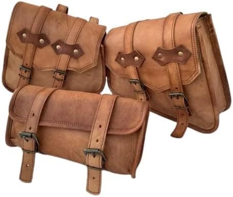 Handmade Panniers Luggage Leather Saddle Bags || Motorcycles Bike Power Sports Moped Accessories || Leather Dual Sport Motorcycle Left Right Two Side Bag with Tool Bag (Set of 3 Brown)