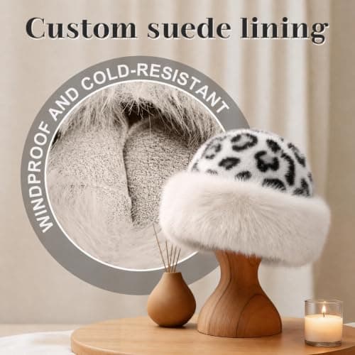 Faux Fur Bucket Hat for Women, Russian Style Winter Fluffy Fuzzy Ladies Hats Travel Hiking Work Home, Chapeau Fourrure Femme Winter Fashion Gift (White Leopard) — view 6