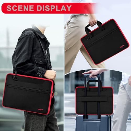 HSEOK Laptop Case 15.6 inch Shoulder Bag, Durable Shockproof Protective Computer Carrying Briefcase with Multi-Pockets and Strap Compatible with Most 15.6 inch Notebooks,Black red — view 2
