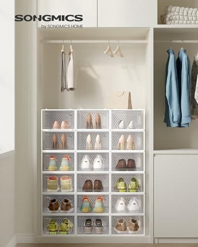 SONGMICS Shoe Boxes, Pack of 18 Stackable Shoe Storage Organisers, Foldable and Versatile for Sneakers, Fit up to UK Size 8, Cloud White LSP18SWT — view 2