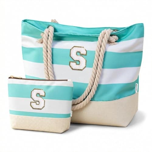 Vavabox Initial Beach Bag with Zip&Pockets, Personalised Gifts for Women(S)