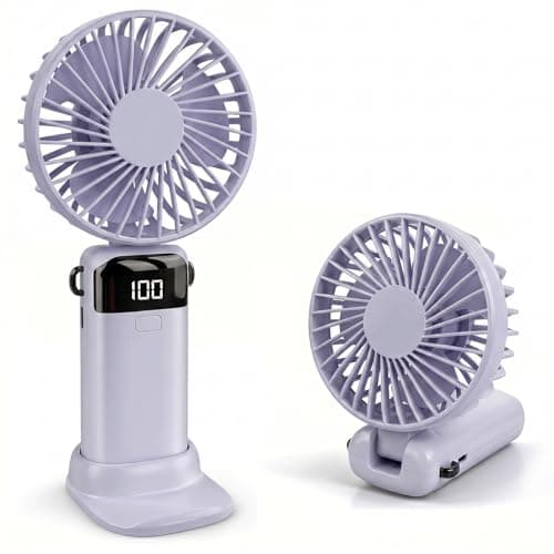 CNMTCCO Handheld Fan, Rechargeable Portable Fan with LED Display, 5 Speeds Mini Fan 90-Degree Foldable Hand Fan, USB Desk Fan for Home Office Bedroom Outdoor Travel (Purple)