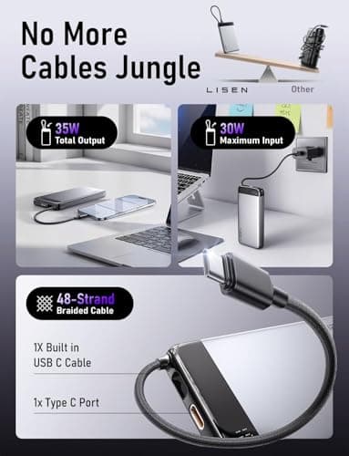 LISEN 20000mAh CCC Certified Power Bank with Built in USB-C Cable, 55W Xiaomi HyperCharge & 35W PD/QC/PPS Fast Charging Flight Approved All Alloy for iPhone 15-17, Xiaomi — view 6