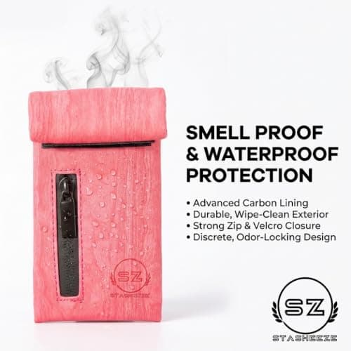 Stasheeze Faraday Pouch Smell Proof Bag Container Case Odour Proof Bags Carbon Lined Storage Bag 16x9cm Waterproof Immitation Leather (Pink) 22x9cm Unfolded Pink Rose Waves — view 3