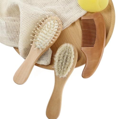 SOIMISS Bath Brush and Comb Kit for Home and Travel, Beech Handle and Wool Material, Promotes and Removes Newborn Scalp Residue, Healthy Bathing Accessory for Boys — view 4