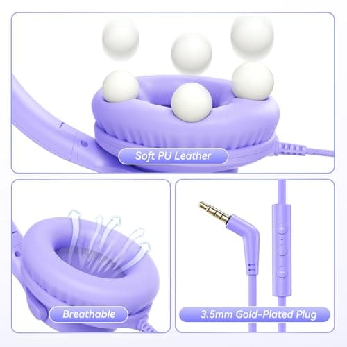 Wired Headphone with Mic, Over-Ear 3.5mm Corded Headphone for School Purple — view 4