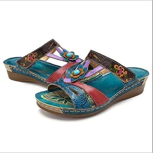 RLEHJN Orthopedic Sandals Women, Women's Sandals & Slides Vintage Bohemian Floral Wedge Sandal Open Toe Non-Slip Slippers Comfy Mules Holiday Beach Shoes Ladies Summer Shoes Blue Size 3-7.5 — view 4