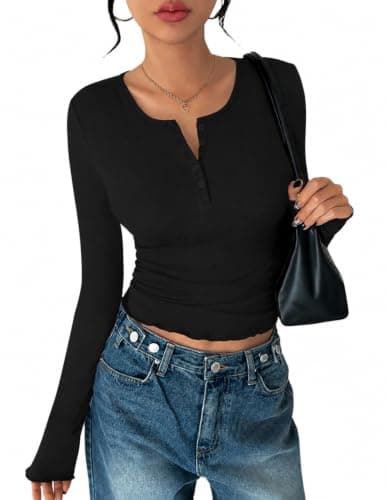 Ekouaer Womens Thermal Long Sleeve Ribbed Henley Top 1 Pack Black M