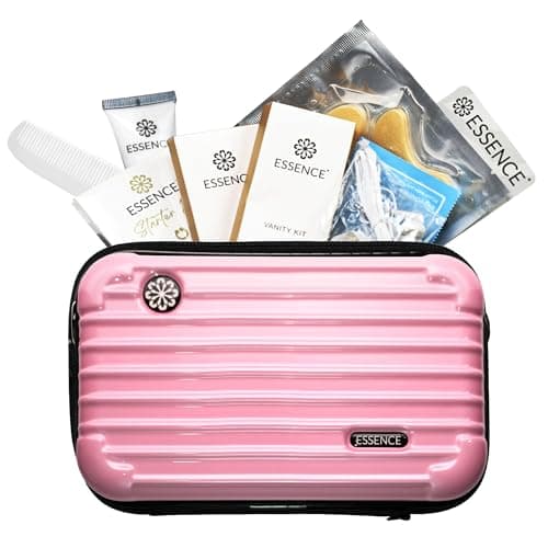 Essence Travel Amenity Kit | Travel Essentials & Travel Size Toiletries Kit | 5-Pack Nasal Diffuser Rings, Sleep Mask, Lotion & Hygiene Kit | Travel Toiletry Kit for Women | Pink Case
