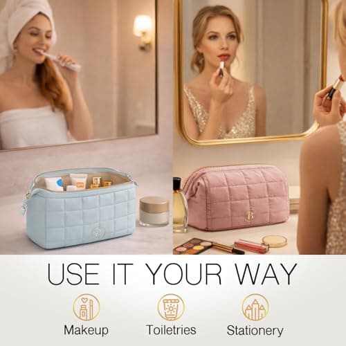 Quilted Blue Makeup Bag for Women, Travel Toiletry Bag with Wide-Open Top & Zipper Pouch, Travel Makeup Case Organizer with Internal Pockets, Puffy Cosmetic Pouch for Everyday Essentials — view 5