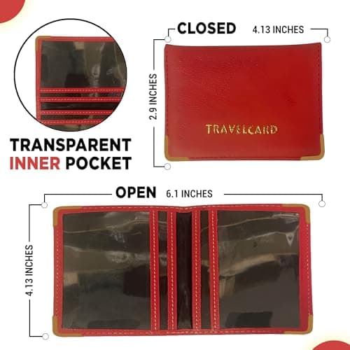 FATASH Travel Card Holder, PU Leather Oyster Card Cover, Bus Pass, Rail Ticket, Photo ID Wallet with 4 Pockets, Compact & Slim Unisex RFID Blocking Credit Card Case for Men, Women & Kids - Red — view 5