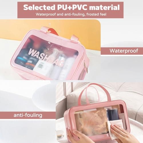 Large Clear Wash Bag, Dry Wet Segregation Toiletry Bag with Hollow Mesh Portable Makeup Bag PVC Waterproof Cosmetic Bag Travel Toiletries Bags for Women Men (Large-Pink) — view 4