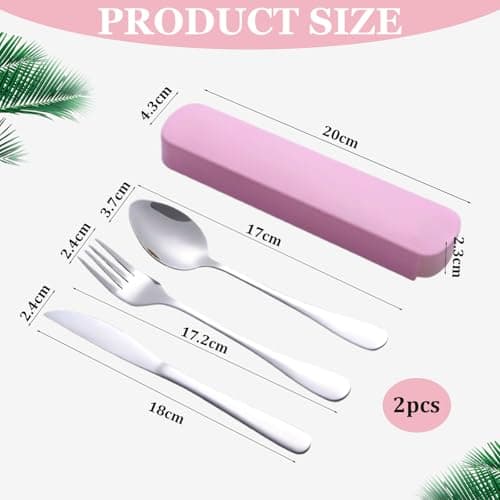 8 Pcs Travel Cutlery Set with Case,Reusable Stainless Steel Cutlery Set for 2 with Spoon Knife and Fork,Portable Travel Utensils for Picnic Outdoor Adventures School Office Everyday Use (Pink,Blue) — view 2